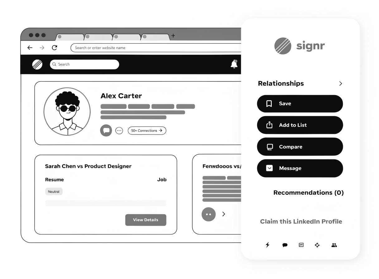 Signr extension showing a LinkedIn profile overlay, resume match proof, and a direct message panel.