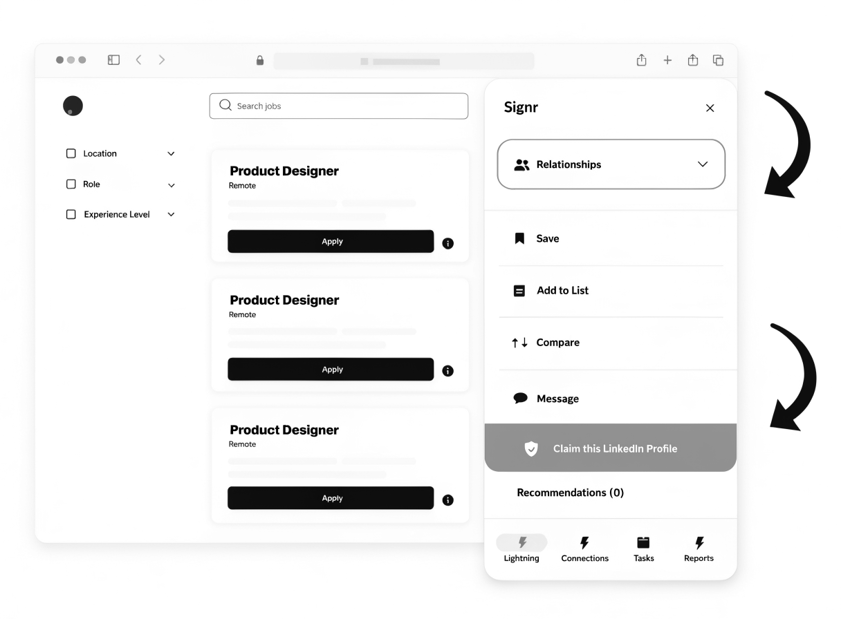 Screenshot of the Signr extension showing a full LinkedIn profile overlay on another website